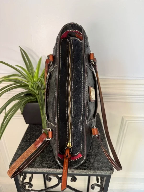 Dooney & Bourke Lexington Black Ostrich Style Leather Brown Trim Tote Bag - Picture 7 of 13
